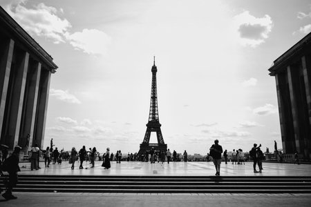 Silhouette of Eiffel Tower and people in Paris black and white