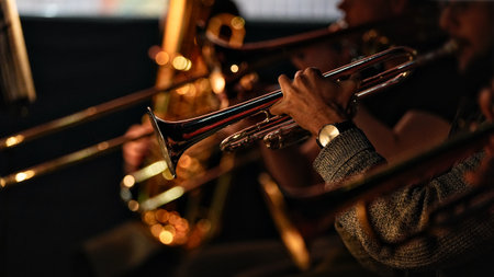 Trumpet player performing in jazz orchestraの写真素材