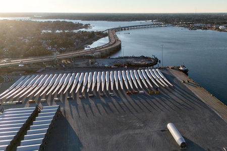 Wind turbine blades stored at port logistics terminal aerial viewの写真素材
