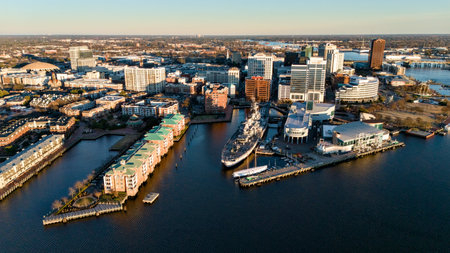 Aerial view of Norfolk Virginia downtown waterfront and harborの写真素材