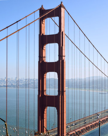 Vertical view of Golden Gate Bridge tower and cables