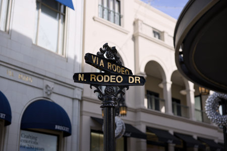 Via Rodeo and North Rodeo Drive street sign Beverly Hills California