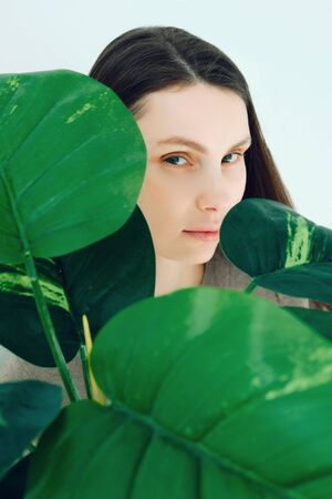 Portrait of a Beautiful young woman with natural makeup holds a big green leafの写真素材