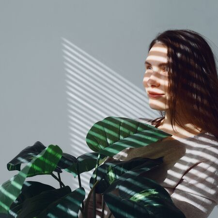 girl with a flower in her hands smiling at the sunlight from the windowの写真素材