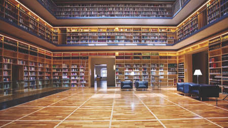beautiful modern and luxury university library interior, perfect bookshelves, no people.のeditorial素材