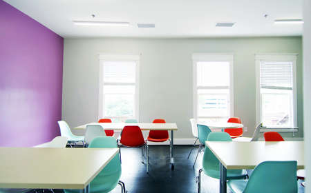 School or university classroom, empty modern study space for students. beautiful colorful public interior concept.のeditorial素材