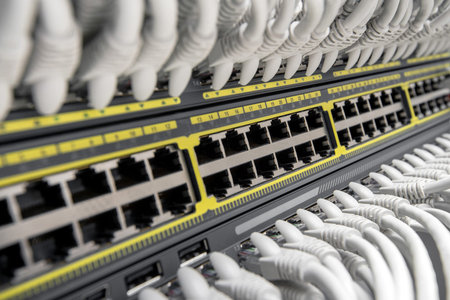 Network Gigabit Smart Switch with network cables installed in the rackの写真素材