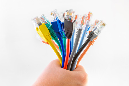 Colorful ethernet cables with RJ-45 connectors in a bunchの写真素材