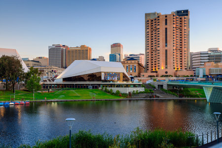Adelaide, South Australia - January 18, 2015: Adelaide city at dusk. CBD view from the northern side of the Torrens footbridgeのeditorial素材