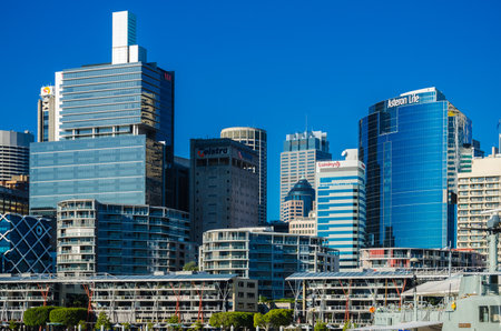 Sydney Australia  September 14 2012: Modern skyscrapers in the Sydney Business District view from the Darling Harbor. Sydney is the state capital of New South Wales.のeditorial素材