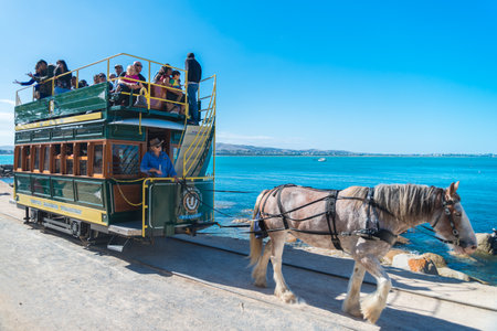 Victor Harbor South Australia  April 4 2015: People are riding the Horse Drawn Tram heading to the Granite Island. Granite Island attracts many tourists all year around.のeditorial素材