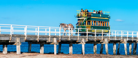 Victor Harbor, South Australia - April 4, 2015: People are riding the horse-drawn carriage from the Granite Island back to the main land. Victor Harbor is one of the most popular tourist attractions in South Australia.のeditorial素材
