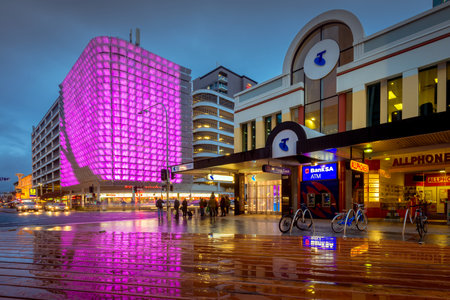 Adelaide, South Australia - August 11, 2015: One of the many illuminated decorations placed on the UPark above the Hungry Jacks on Rundle Street near Rundle Mall. The Rundle Lantern is fully green-powered and carbon neutral.のeditorial素材