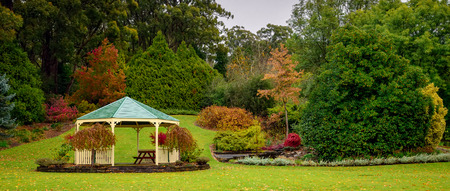 Autumn garden alcove under the rainの写真素材