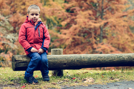 Kid sitting on the log in the autumn park, South Australiaの写真素材