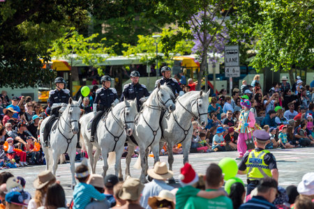 Adelaide, South Australia - November 14, 2015: Horse Police squadron opening the Credit Union Christmas Pageant 2015. Christmas Pageant is a community event with fantasy and fairy floats, colourful characters, clowns, bands, dancers and more!のeditorial素材