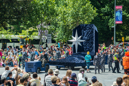 Adelaide, South Australia - November 14, 2015: Christmas Star new float at the Credit Union Christmas Pageant 2015. Christmas Pageant is a community event with fantasy and fairy floats, colourful characters, clowns, bands, dancers and more!のeditorial素材