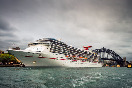 Sydney, Australia - November 7, 2015: Carnival Spirit Cruise ship at Sydney Overseas Passenger Terminal ready to depart for the night cruise.  Carnival Spirit features a lot of different activities for all members of the public with 12 lounges, bars and f