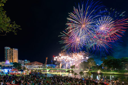 Adelaide, Australia - January 26, 2016: People gathered in Elder Park to celebrate and watch the Australia Day fireworks. More than 40000 of people attended the event.のeditorial素材
