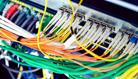 Active optical and ethernet switches installed in the rack. Color toning effects applied