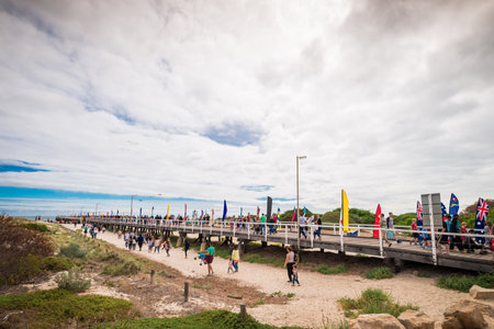 Adelaide, Australia - March 26, 2016: Adelaide International Kite Festival at Semaphore Beach. 2016 Festival featured international kite flyers from Australia, New Zealand, India and USAのeditorial素材