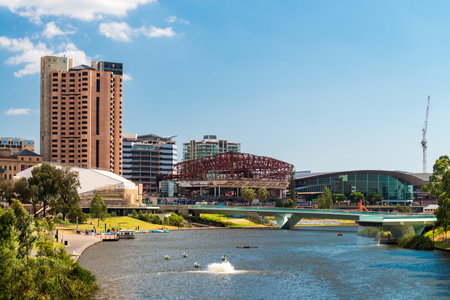 Adelaide, Australia - January 3, 2016: New Convention Centre construction, view from the King William Road bridge across the River Torrens during a dayのeditorial素材