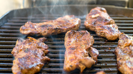 Delicious Australia Day BBQ.  Marinated boneless pieces of Australian lamb  cooked on grillの写真素材