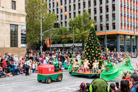 Adelaide, South Australia - November 12, 2016: More than 250.000 came to the city centre to see 172 colourful sets of floats, bands, dancers, clowns and Father Christmas. The Credit Union Christmas Pageant is one of the biggest events in South Australiaのeditorial素材