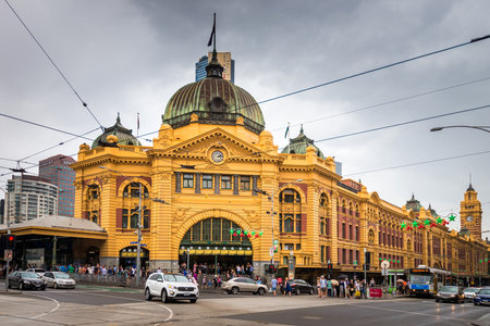 melbourne, Australia - December 27, 2016: Flinders Street railway station is situated on the corner of Flinders and Swanston Streets right in the centre of the cityのeditorial素材