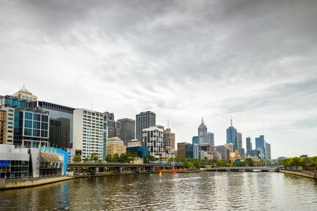 Melbourne, Australia - December 27, 2016: Melbourne City Business District view and the Yarra River viewed from the Kings Bridgeのeditorial素材