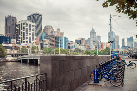 Melbourne, Australia - December 27, 2016: Bike share station in the city centre. People can hire bikes and explore the cityのeditorial素材