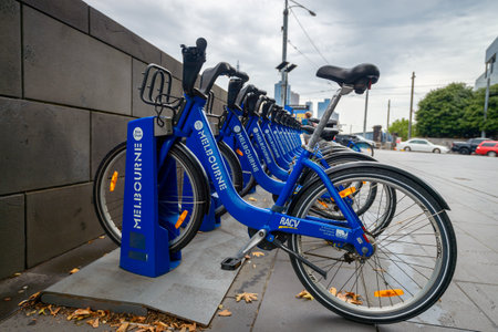 Melbourne, Australia - December 27, 2016: Bike share station located at Flinders Street opposite Federation Square. People can hire bikes and explore the cityのeditorial素材