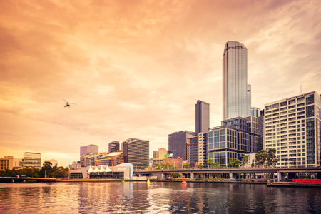 Melbourne, Australia - December 27, 2016: Melbourne Sea Life Aquarium viewed across the Yarra River. Color toning appliedのeditorial素材