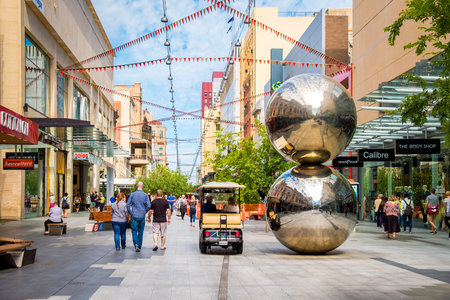 Adelaide, Australia - November 11, 2016: Rundle Mall and famous balls looking towards west in Adelaide CBD on a day. Rundle Mall is the premier shopping area of South Australiaのeditorial素材