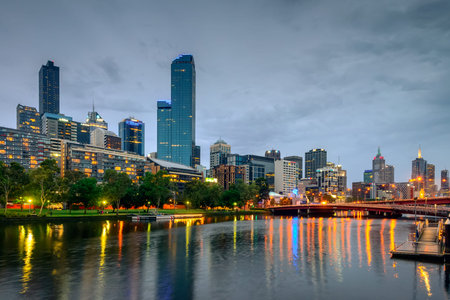 Melbourne, Australia - December 27, 2016: Melbourne city lights and Yarra river at night viewed from Southbankのeditorial素材
