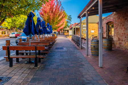 Hahndorf, South Australia - April 9, 2017: Main street views of Hahndorf in Adelaide Hills area with shops and cafes during autumn season after rainのeditorial素材
