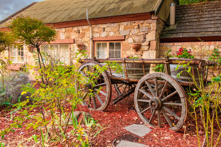 Hahndorf, South Australia - April 9, 2017: Old cart installed near Old Mill Hotel in the town of Hahndorf during autumn seasonのeditorial素材