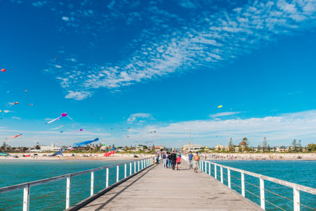 Adelaide, Australia - April 15, 2017: Adelaide International Kite Festival at Semaphore Beach. Event gathered together international kite flyers from Australia, New Zealand and Malaysiaのeditorial素材
