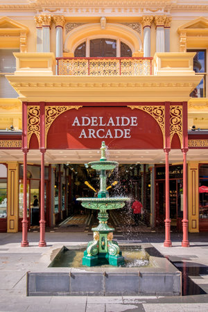 Adelaide, Australia - October 25, 2016: Famous Adelaide Arcade building with fountain at the front at Rundle Mall on a dayのeditorial素材