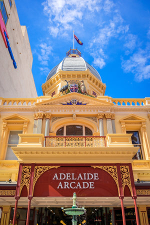 Adelaide, Australia - October 25, 2016: Famous Adelaide Arcade building with fountain at the front at Rundle Mall on a dayのeditorial素材