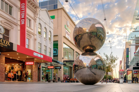 Adelaide, Australia - April 05, 2017: Rundle Mall and famous balls in Adelaide CBD at sunset. Rundle Mall attracts a lot of tourists severy yearのeditorial素材