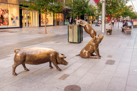 Adelaide, Australia - April 05, 2017: Four famous Rundle Mall Pigs after restoration and repavement in Adelaide CBD on a day.  This sculptures attract a lot of tourists of all agesのeditorial素材