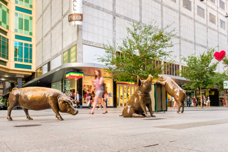 Adelaide, Australia - April 05, 2017: Four famous Rundle Mall Pigs after restoration and repavement in Adelaide CBD on a day.  This sculptures attract a lot of tourists of all agesのeditorial素材