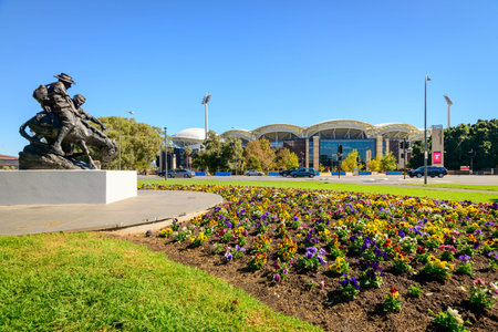 Adelaide, Australia - April 14, 2017: View at Adelaide Oval stadium East gates across King William roadfrom parklands on a bright dayのeditorial素材