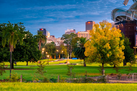 Adelaide, South Australia - April 16, 2017: Night city skyline of Adelaide viewed across Pennington Gardens towards south at duskのeditorial素材