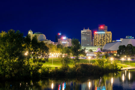 Adelaide, Australia - April 16, 2017: Adelaide city skyline at dusk viewed across Torrens river from King William bridgeのeditorial素材