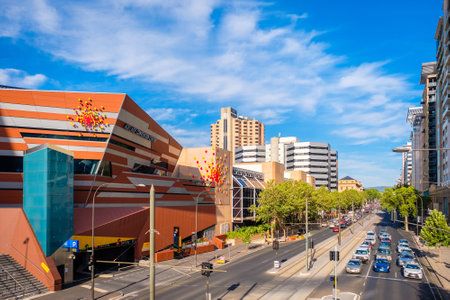 Adelaide, Australia - December 2, 2016: Adelaide Convention Centre and North Terrace trafic viewed towards east from Montefiore road bridge on a bright dayのeditorial素材