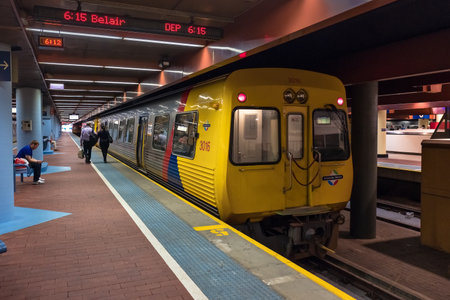 Adelaide, Australia - October 14, 2016: 6:15pm train to Belair with people onboard ready to depart from Adelaide Railway station in CBDのeditorial素材