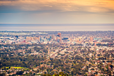 Adelaide city skyline viewed from the hillsの写真素材