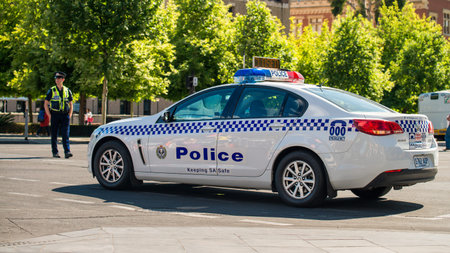 Adelaide, Australia - November 14, 2015: South Australian police car closed the street in ...